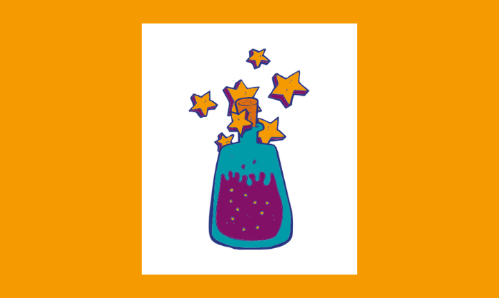 Cartoon 'magical potion' bottle in BCM colours, with stars coming out the top