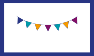 Cartoon bunting in BCM blue, teal, purple and orange