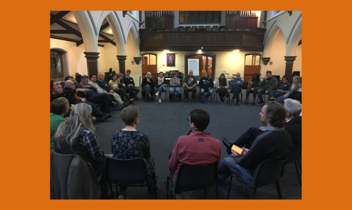 B30 Get Together in October 2019 - a big circle of people in Cotteridge Church