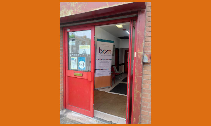 Entrance to Soho Community Hall, with BCM banner