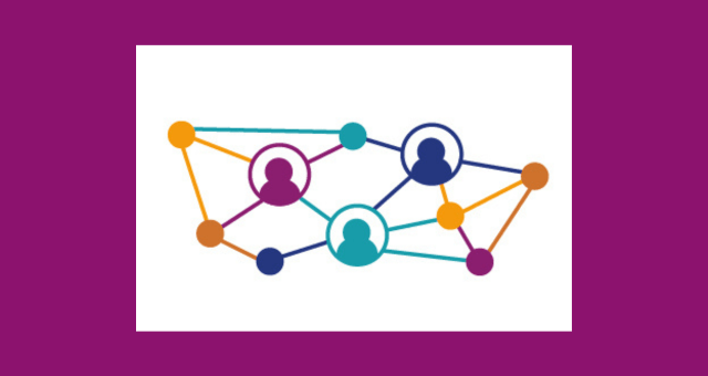 a simple graphic depicting a people networking on a purple background
