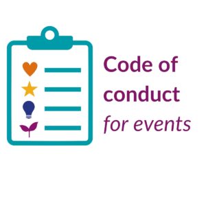 Code of conduct for events: BCM logo and doodle of clipboard with heart, star, lightbulb and sapling icons